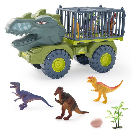 Inhalt des Dinosaurier-Spielzeugsets: Ein Spielzeug-Dinosaurier-Truck in Grün und Grau mit gelben Rädern und Käfig, ein Stück Plastikpflanze, ein Dinosaurierei, ein blauer Velociraptor, ein gelber und roter Tyrannosaurus Rex, und ein brauner Tyrannosaurus Rex. Jeder Artikel ist mit der Anzahl 'x1' gekennzeichnet, um die Einzelstückzahl im Paket anzuzeigen.