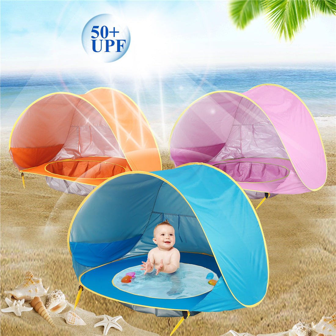 Verschiedene farbige BeachPool Zelte, darunter in Orange, Rosa und Blau, am sonnigen Strand aufgestellt, mit einem Fokus auf das blaue Zelt im Vordergrund, in dem ein fröhliches Baby in einem integrierten Mini-Pool spielt. Über den Zelten schwebt ein Symbol mit der Aufschrift '50+ UPF', welches den hohen UV-Schutz der Zeltmaterialien hervorhebt.