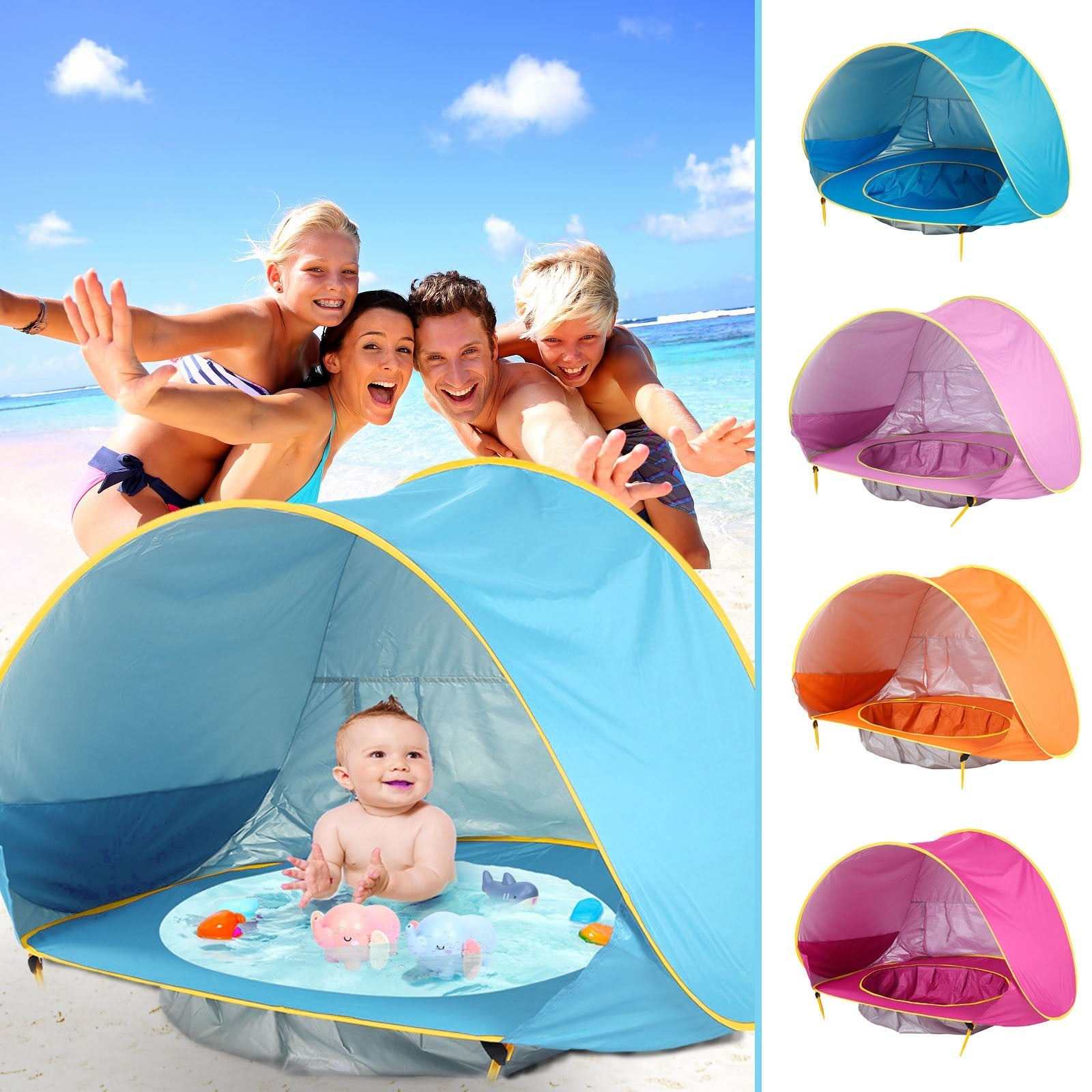 Gruppe von drei jungen Erwachsenen, zwei Frauen und einem Mann, freudig lächelnd vor einer Kamera am Strand, kniend hinter einem blauen BeachPool Zelt, in dem ein lächelndes Baby sitzt, umgeben von Wasserspielzeugen in einem integrierten Mini-Pool.
