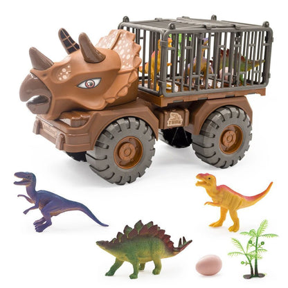 Spielzeugset bestehend aus einem braunen Dinosaurier-Truck mit Hörnern und Käfigaufsatz, begleitet von drei kleineren Dinosaurierfiguren - einem blauen Velociraptor, einem grünen Stegosaurus und einem gelben Tyrannosaurus Rex - sowie einem Dinosaurierei und einer kleinen grünen Plastikpflanze.