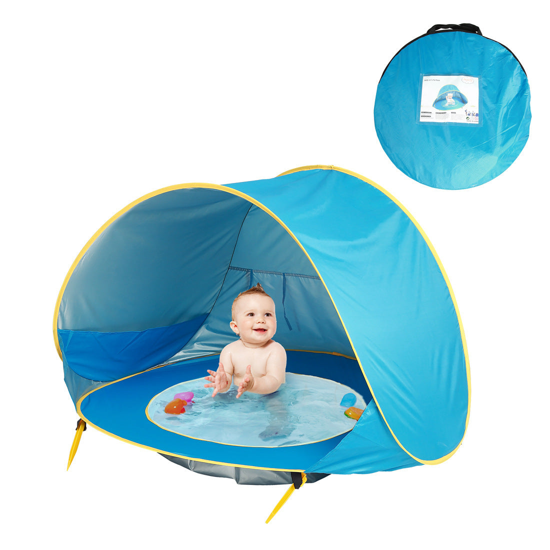 Ein BeachPool Zelt in Blau mit gelben Akzenten, aufgestellt und in Benutzung mit einem lächelnden Baby, das im integrierten Wasserpool sitzt. Das Zelt ist mit Wasserspielzeug ausgestattet. Ein kleines Bild in der oberen rechten Ecke zeigt das Zelt in seiner blauen Tragetasche.