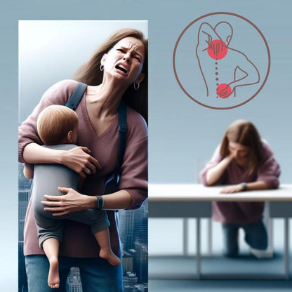 Dieses Bild zeigt eine emotionale Darstellung einer jungen Mutter in einer stressigen Situation. Sie hält ein Kleinkind und wirkt, als würde sie vor Schmerz oder Frustration schreien. Die Szene im Hintergrund, wo sie niedergeschlagen an einem Tisch sitzt, unterstreicht das Gefühl von Überforderung und Erschöpfung.